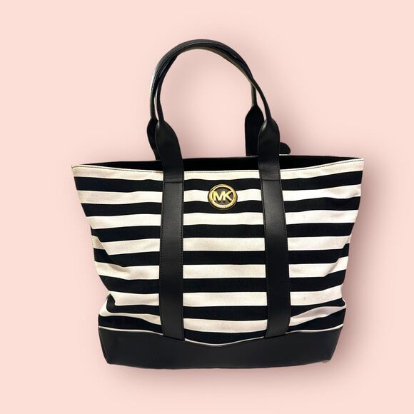 Michael Kors Women's Fulton Black White Striped Canvas Hand Bag‎ / Medium Tote - Picture 1 of 8